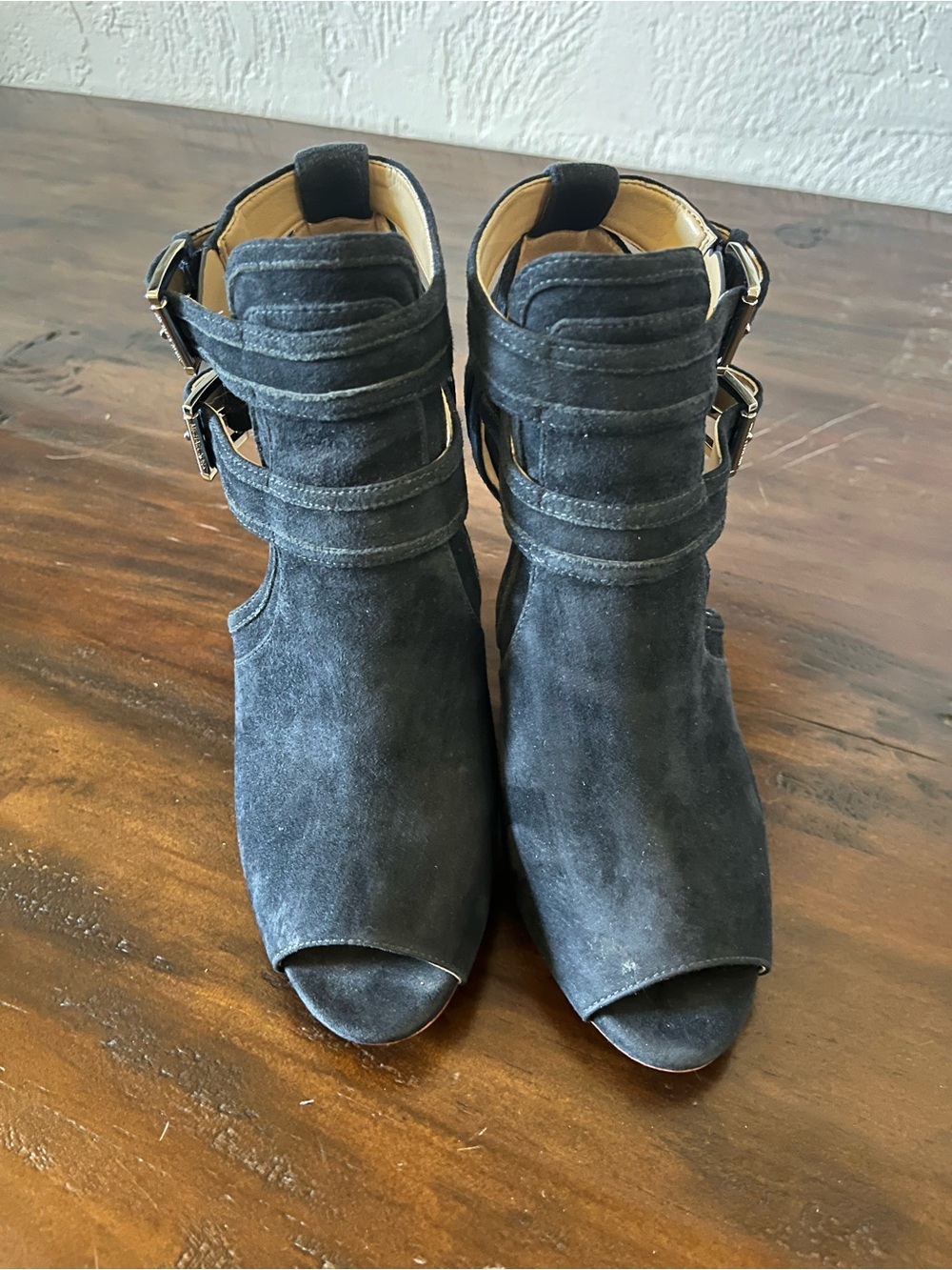 Michael Kors Black Suede Peep-Toe Buckle Mules